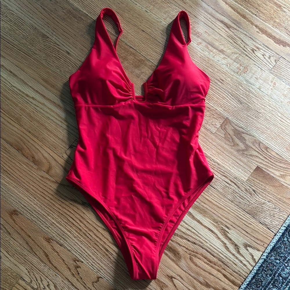 Vibrant Red One Piece Swimsuit with Plunging V-Neckline